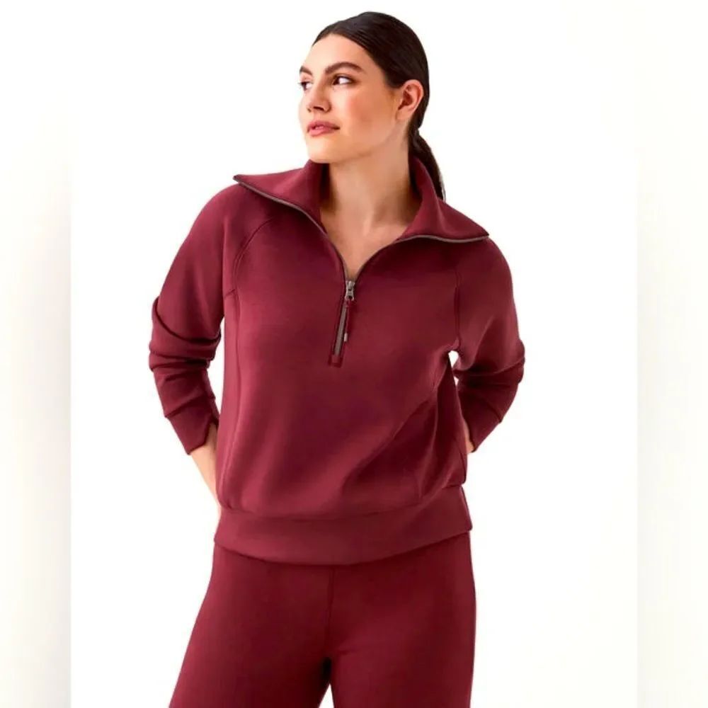 SPANX AirEssentials Half Zip Pullover Sweatshirt XL Soft Lightweight Burgundy S3